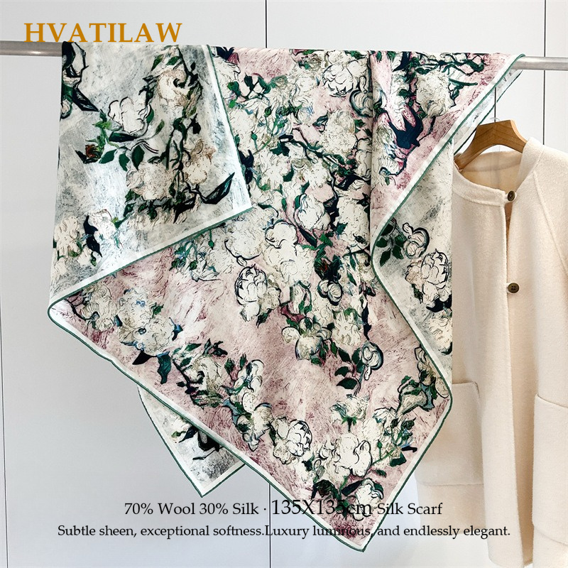 Luxury 135x135cm Silk Wool Sca - Shawl Wrap Winter ulasan dan harga