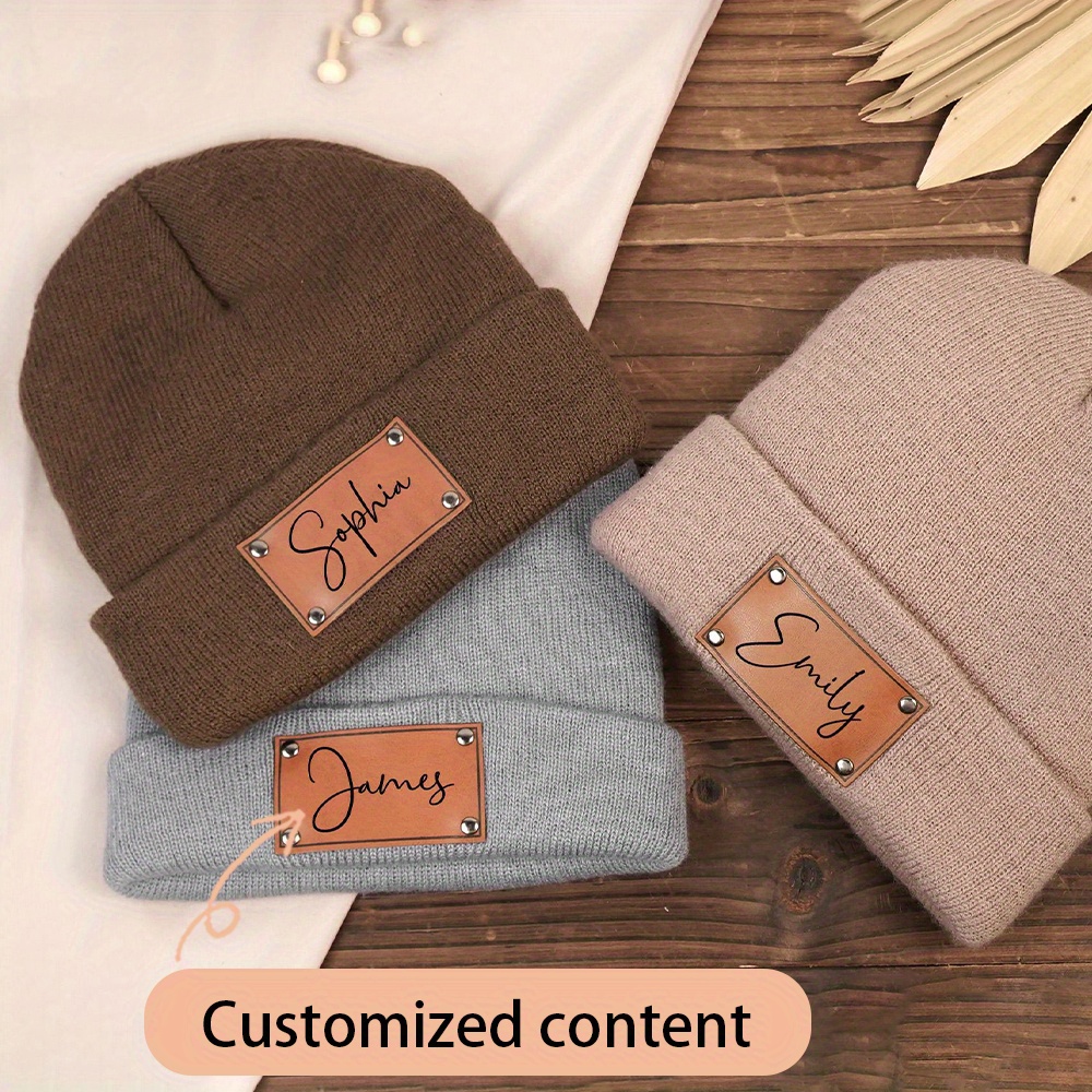 Custom Name Leather Label Knit - Knit Beanie Hat Warm ulasan dan harga